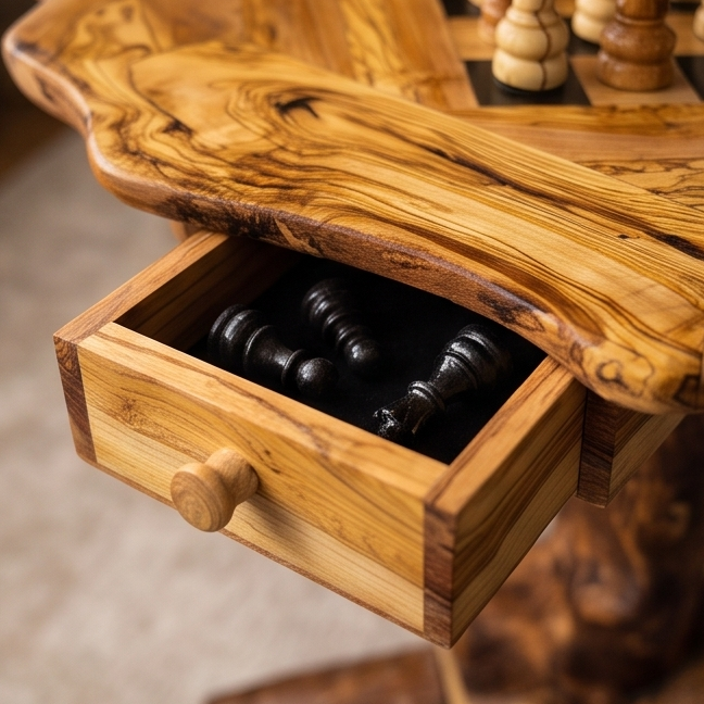 Olive Wood Natural Hand Crafted Fantasy Look Wooden Chess Board Set Table With Pieces | Unique Tabletop Board Game Chess Lovers Gift Idea