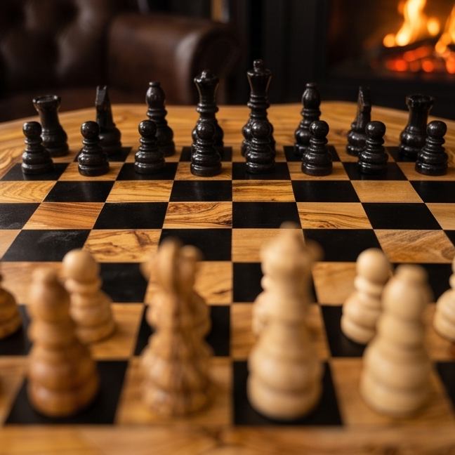 Olive Wood Natural Hand Crafted Fantasy Look Wooden Chess Board Set Table With Pieces | Unique Tabletop Board Game Chess Lovers Gift Idea