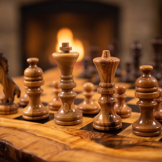 Personalised Olive Wood Natural Hand Crafted Fantasy Look Wooden Chess Board Set Table With Pieces | Unique Gift Idea
