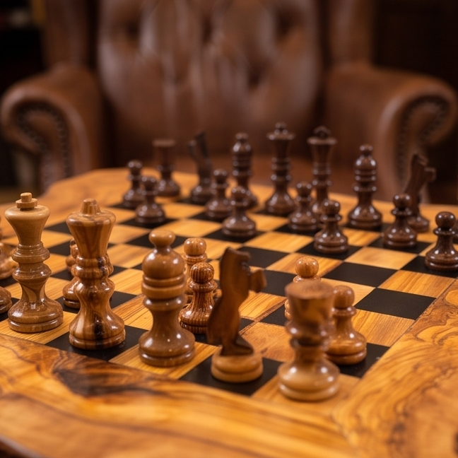 Personalised Olive Wood Natural Hand Crafted Fantasy Look Wooden Chess Board Set Table With Pieces | Unique Gift Idea