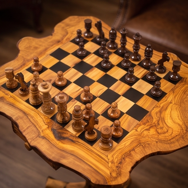 Personalised Olive Wood Natural Hand Crafted Fantasy Look Wooden Chess Board Set Table With Pieces | Unique Gift Idea
