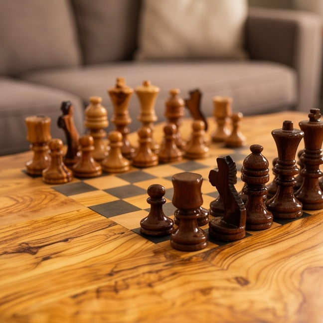 Irregular Shape Olive Wood Chess Table & Pieces With Metal Frame