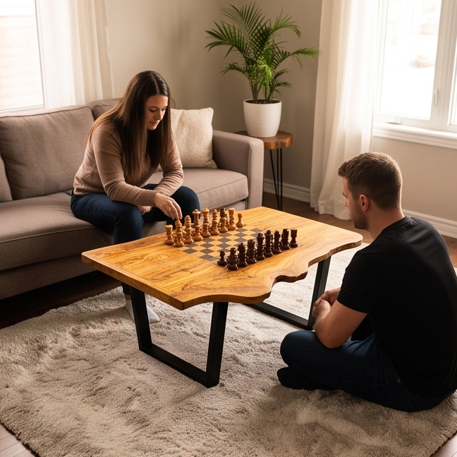 Irregular Shape Olive Wood Chess Table & Pieces With Metal Frame