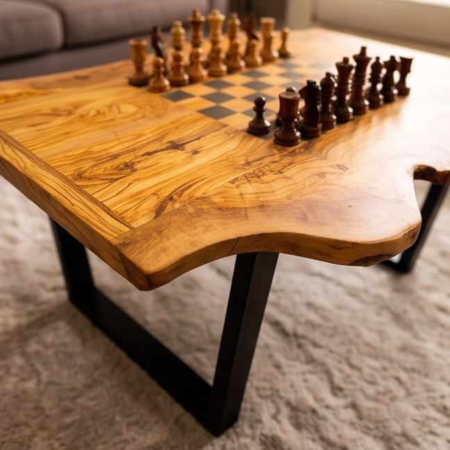 Irregular Shape Olive Wood Chess Table & Pieces With Metal Frame