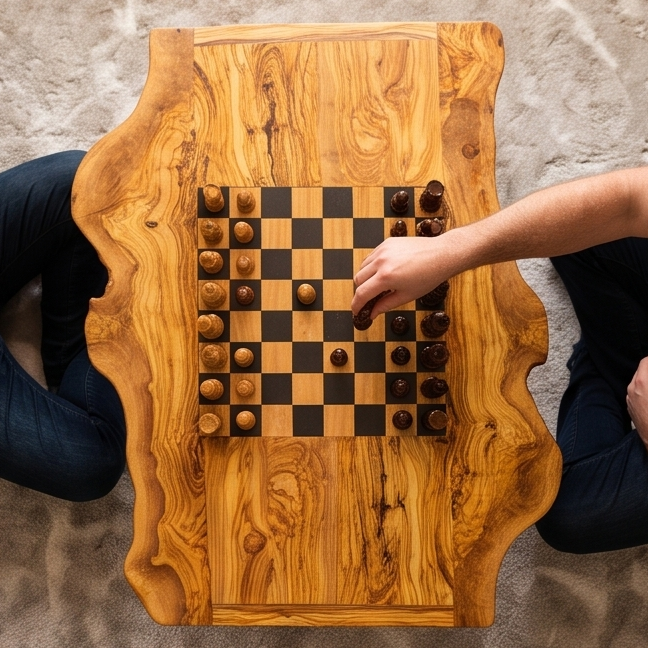 Irregular Shape Olive Wood Chess Table & Pieces With Metal Frame
