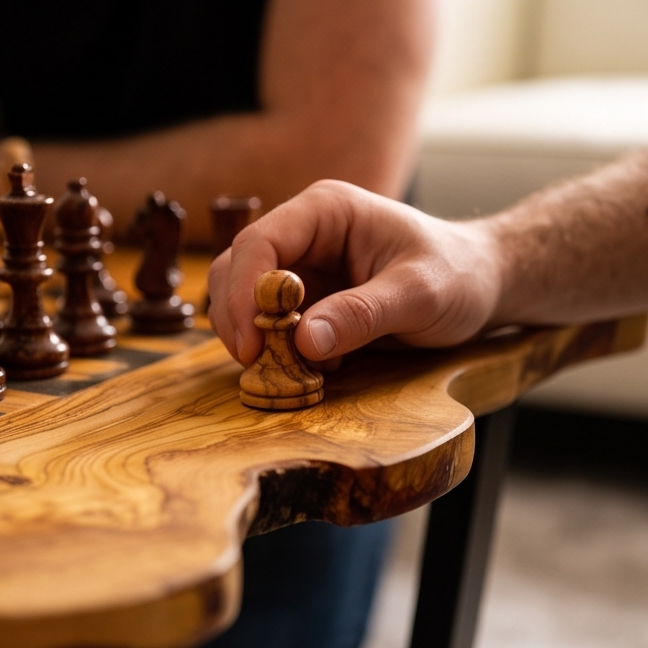 Irregular Shape Olive Wood Chess Table & Pieces With Metal Frame