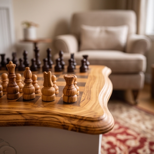 Square Olive Wood Handcrafted Wooden Chess Table Black/White With Pieces