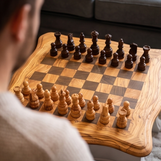 Square Olive Wood Handcrafted Wooden Chess Table Black/White With Pieces