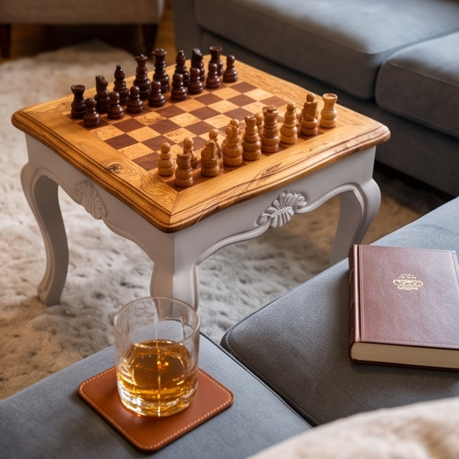 Square Olive Wood Handcrafted Wooden Chess Table Black/White With Pieces