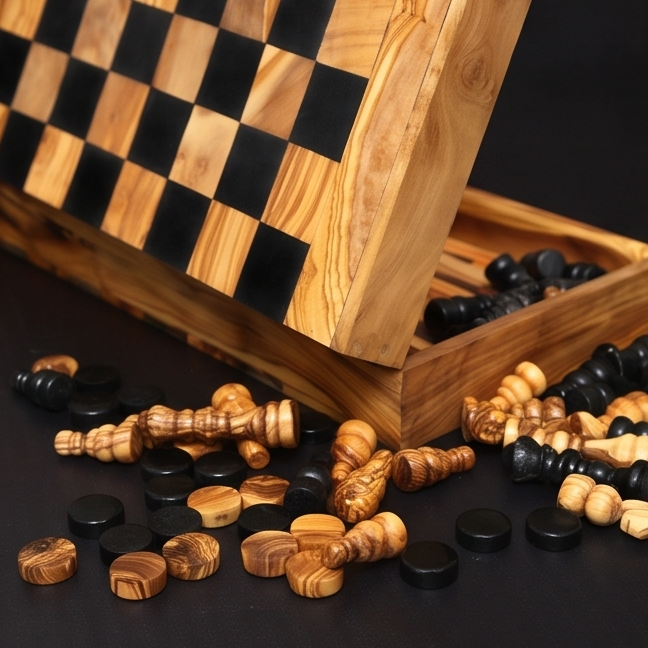 OliveArt | Olive Wood 2 in 1 Hand Crafted Backgammon And Chess Set 40 cm x 40 cm, Folding Chess Board With Pieces Gift Set