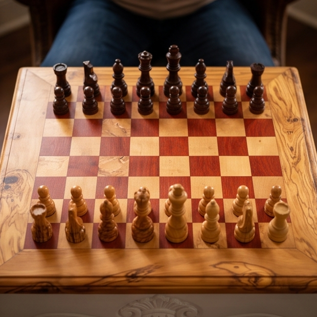 Square Olive Wood Handcrafted Wooden Chess Table Black/White With Pieces