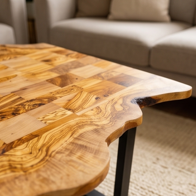 Irregular Shape Rustic Olive Wood Table With Metal Frame