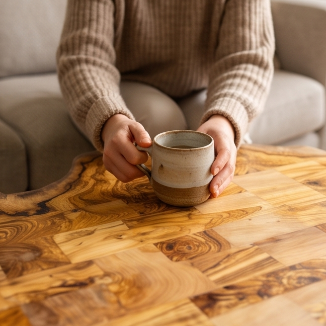 Irregular Shape Rustic Olive Wood Table With Metal Frame