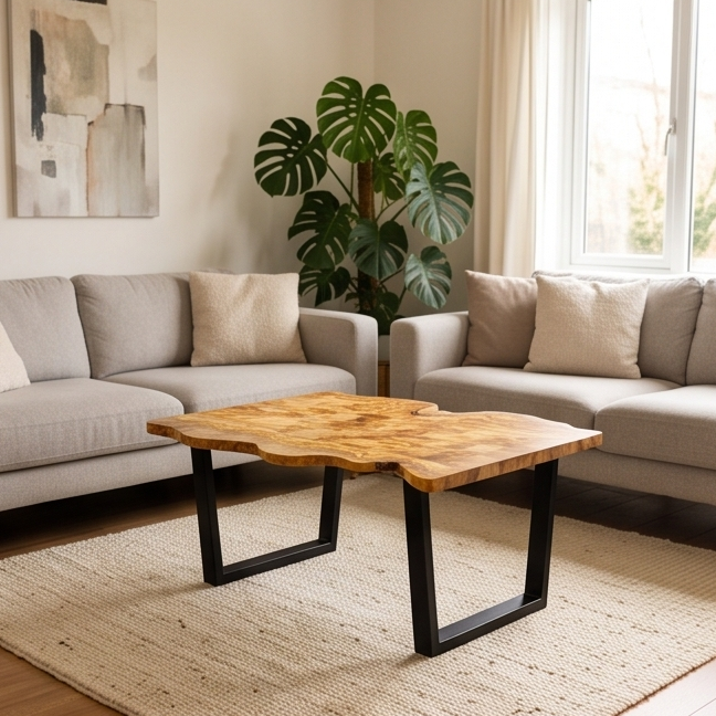 Irregular Shape Rustic Olive Wood Table With Metal Frame
