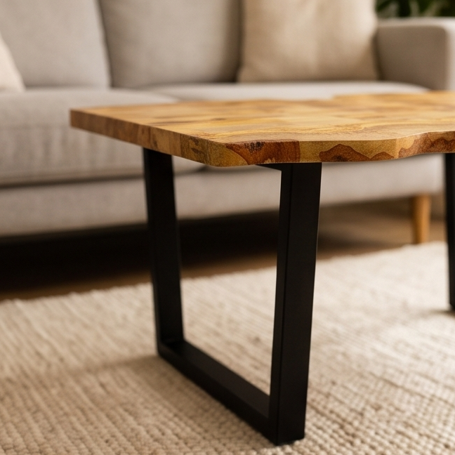 Irregular Shape Rustic Olive Wood Table With Metal Frame