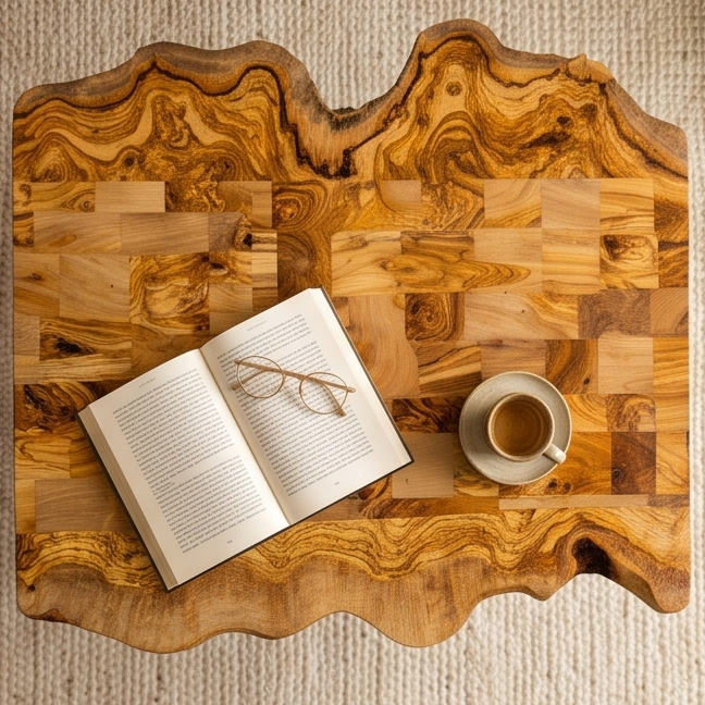 Irregular Shape Rustic Olive Wood Table With Metal Frame