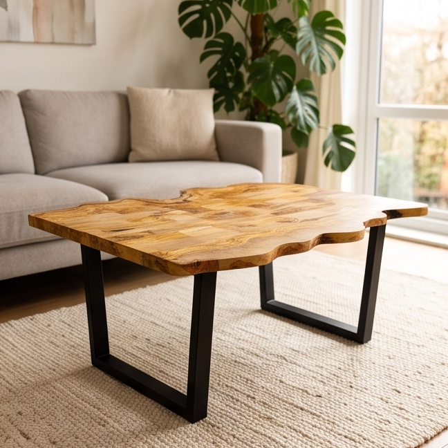 Irregular Shape Rustic Olive Wood Table With Metal Frame