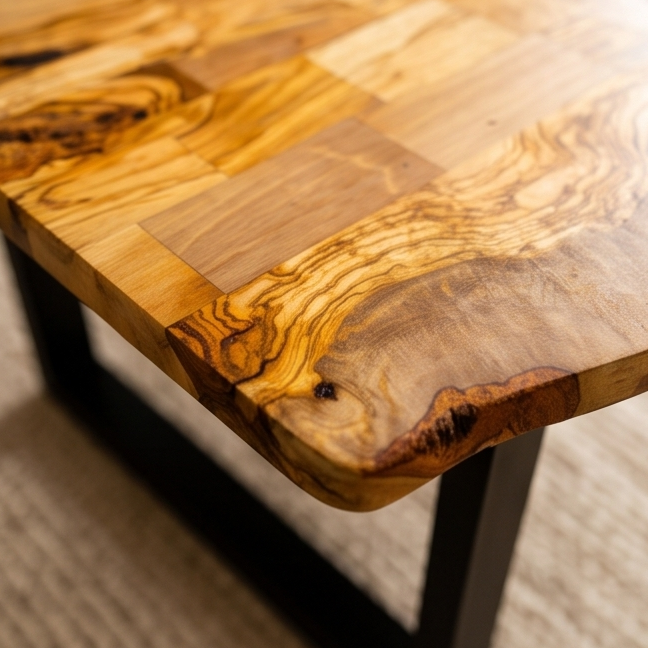 Irregular Shape Rustic Olive Wood Table With Metal Frame