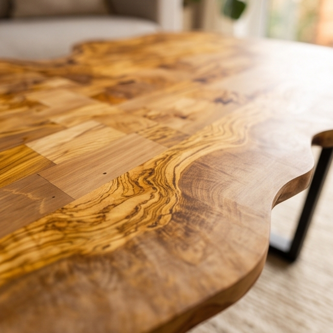 Irregular Shape Rustic Olive Wood Table With Metal Frame