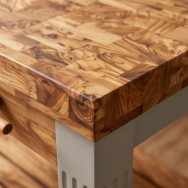 Olive Wood Scratch Resistant Solid Food Prep End Table Butcher Block / Kitchen Cart With Storage & Shelves