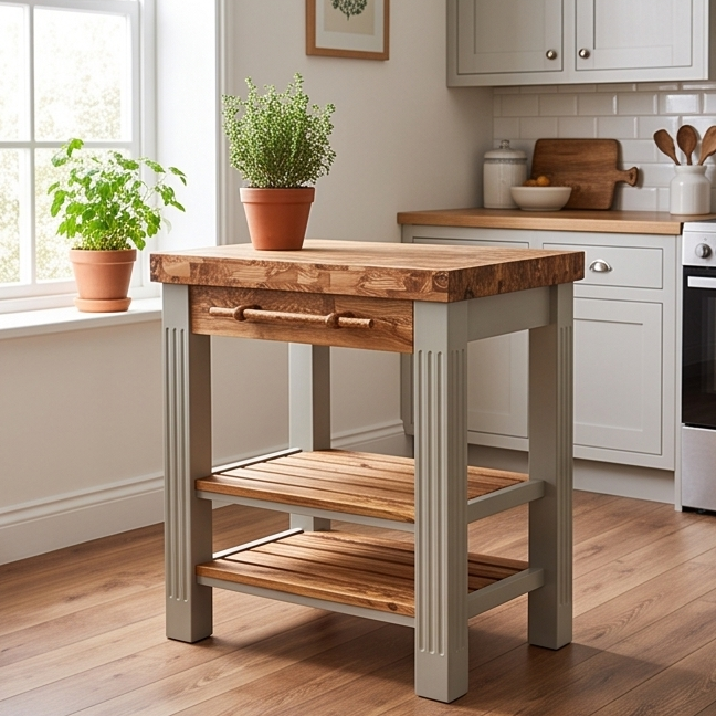 Olive Wood Scratch Resistant Solid Food Prep End Table Butcher Block / Kitchen Cart With Storage & Shelves