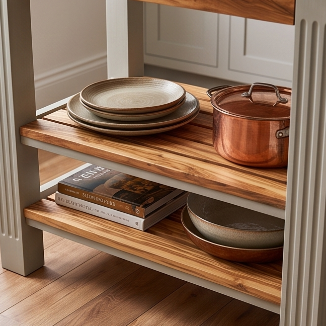 Olive Wood Scratch Resistant Solid Food Prep End Table Butcher Block / Kitchen Cart With Storage & Shelves