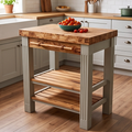 Olive Wood Scratch Resistant Solid Food Prep End Table Butcher Block / Kitchen Cart With Storage & Shelves