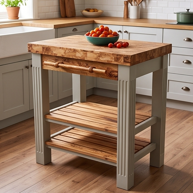 Olive Wood Scratch Resistant Solid Food Prep End Table Butcher Block / Kitchen Cart With Storage & Shelves