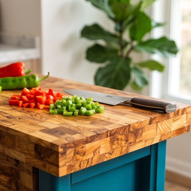 Olive Wood Table Butcher Block, Kitchen Butcher Block, small Kitchen island, Kitchen Table with 3 drawers