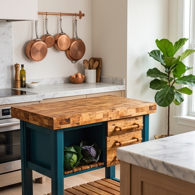 Olive Wood Table Butcher Block, Kitchen Butcher Block, small Kitchen island, Kitchen Table with 3 drawers