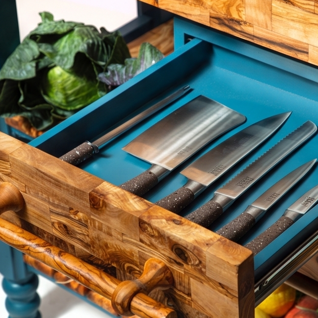 Olive Wood Table Butcher Block, Kitchen Butcher Block, small Kitchen island, Kitchen Table with 3 drawers