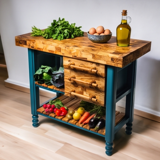 Olive Wood Table Butcher Block, Kitchen Butcher Block, small Kitchen island, Kitchen Table with 3 drawers