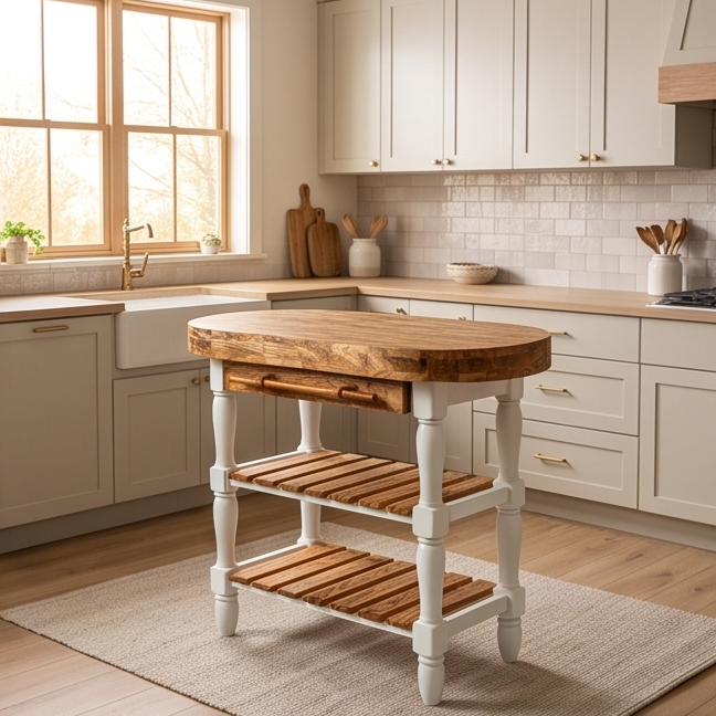 Olive Wood Butcher Block Counter Island W/ Shelves