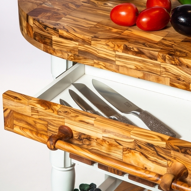 Olive Wood Butcher Block Counter Island W/ Shelves