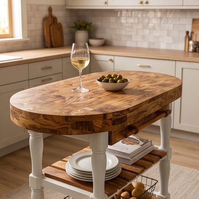 Olive Wood Butcher Block Counter Island W/ Shelves
