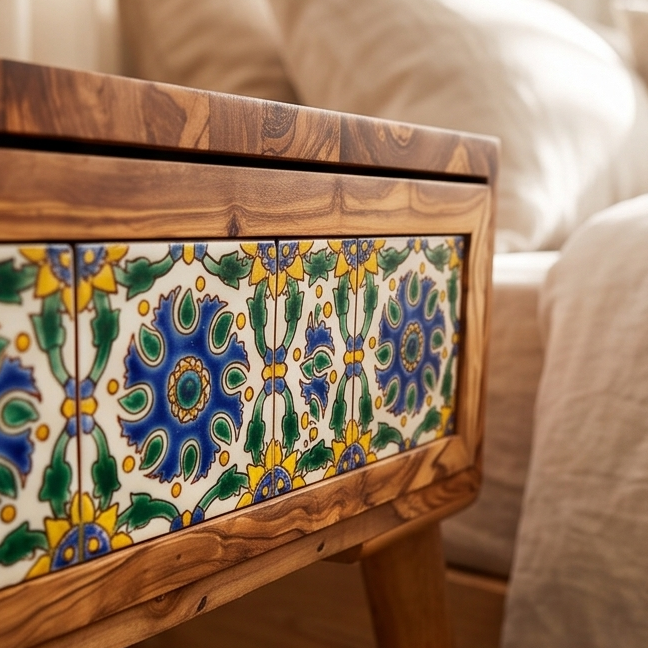 Beautiful Olive Wood -  Bedside Table - Coffee Table with Ceramic Tiles