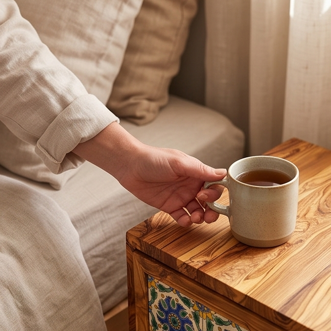 Beautiful Olive Wood -  Bedside Table - Coffee Table with Ceramic Tiles