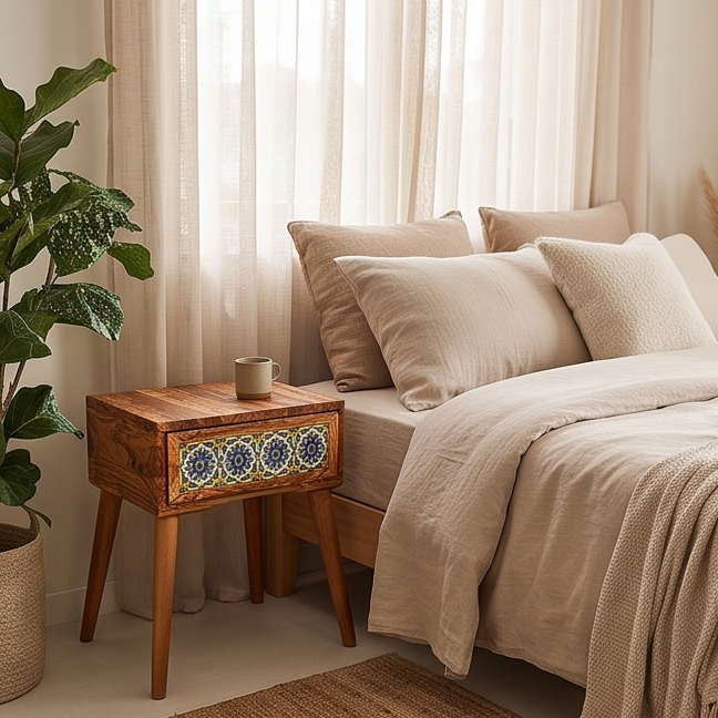 Beautiful Olive Wood -  Bedside Table - Coffee Table with Ceramic Tiles