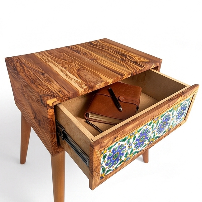 Beautiful Olive Wood -  Bedside Table - Coffee Table with Ceramic Tiles