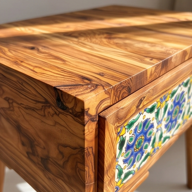 Beautiful Olive Wood -  Bedside Table - Coffee Table with Ceramic Tiles