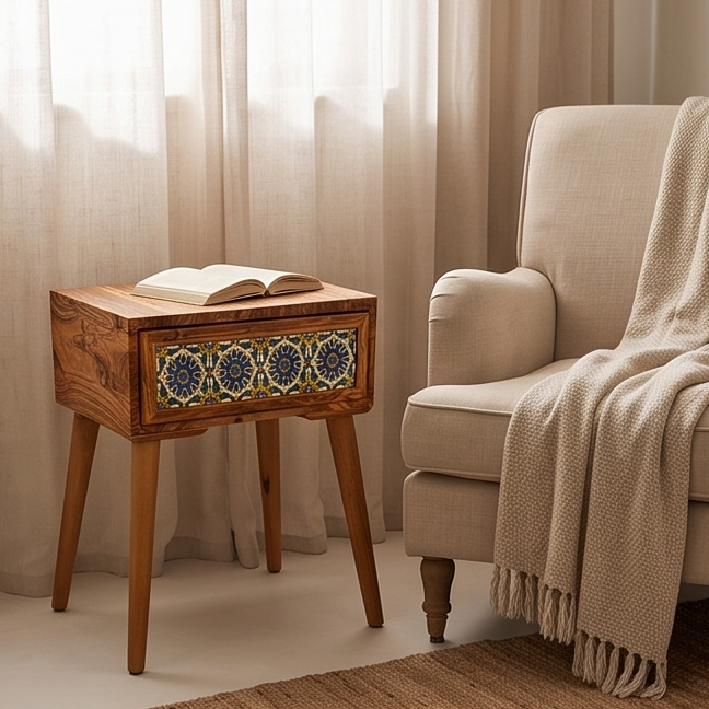 Beautiful Olive Wood -  Bedside Table - Coffee Table with Ceramic Tiles