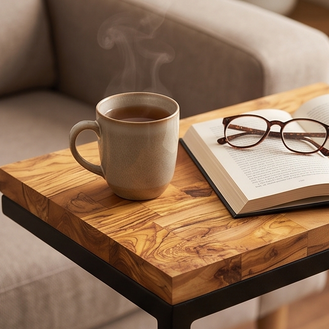 C Shaped End Grain Table with Metal Frame