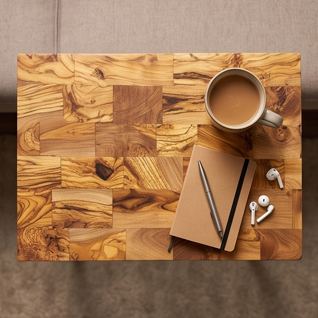 C Shaped End Grain Table with Metal Frame