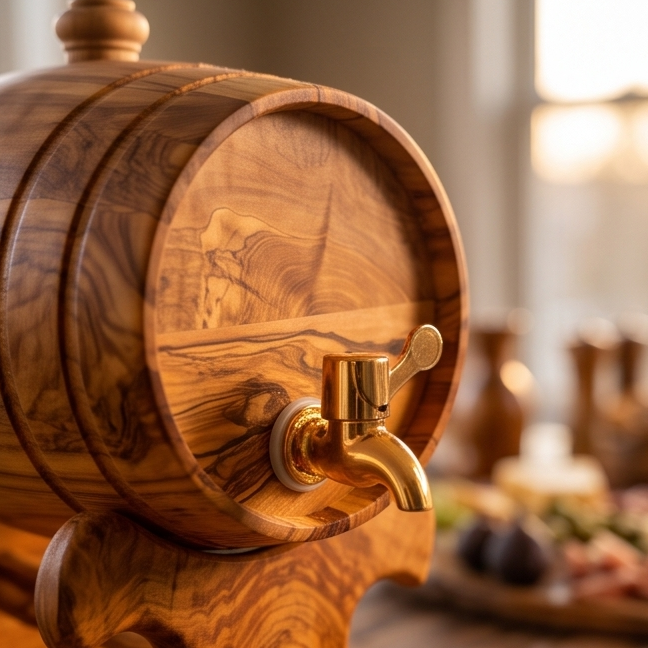 Olive Wood Wine Barrel W/ Stand | Built-in Wine Glass Holder | Dining Table Centre Piece | Dinner Party Decor | Unique Housewarming Gift