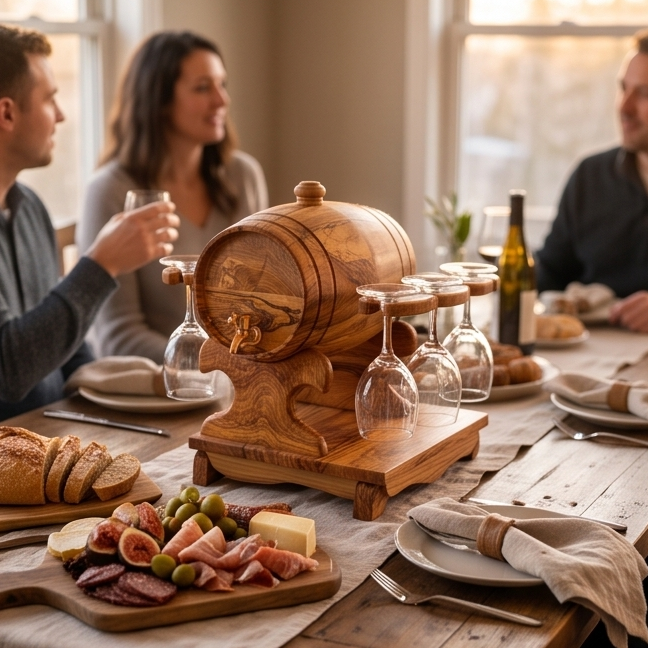 Olive Wood Wine Barrel W/ Stand | Built-in Wine Glass Holder | Dining Table Centre Piece | Dinner Party Decor | Unique Housewarming Gift