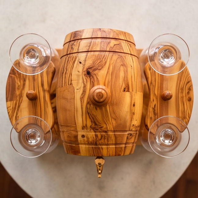 Olive Wood Wine Barrel W/ Stand | Built-in Wine Glass Holder | Dining Table Centre Piece | Dinner Party Decor | Unique Housewarming Gift