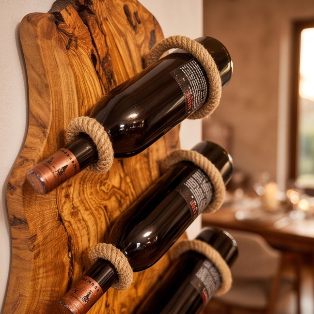Olive Wood Wall Mounted Wooden Wine Bottle Holder Rack W/ Wooden Goblet Cups