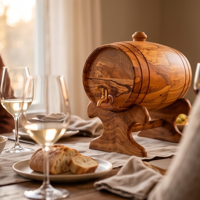 Olive Wood Wine Barrel W/ Stand | Built-in Wine Glass Holder | Dining Table Centre Piece | Dinner Party Decor | Unique Housewarming Gift