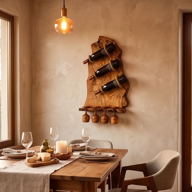 Olive Wood Wall Mounted Wooden Wine Bottle Holder Rack W/ Wooden Goblet Cups