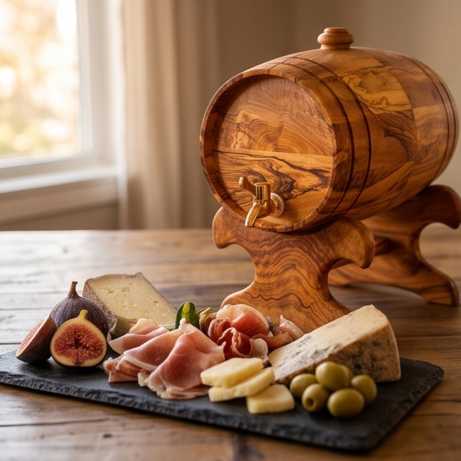 Olive Wood Wine Barrel W/ Stand | Built-in Wine Glass Holder | Dining Table Centre Piece | Dinner Party Decor | Unique Housewarming Gift